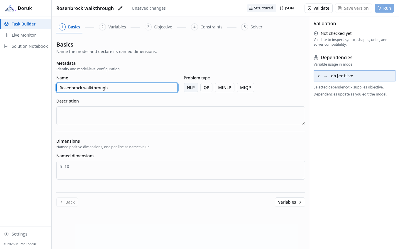 Task Builder showing the Basics step with model name, description and problem class.
