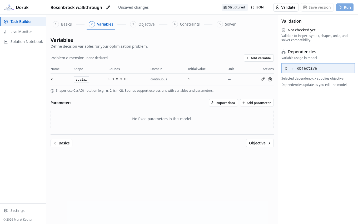 Task Builder Variables step listing decision variables with shapes, bounds and units.