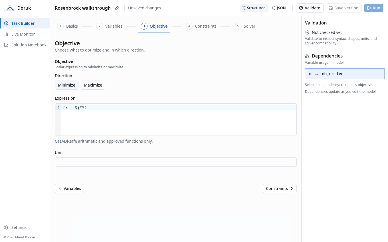 Task Builder Objective step with minimize direction and an expression.