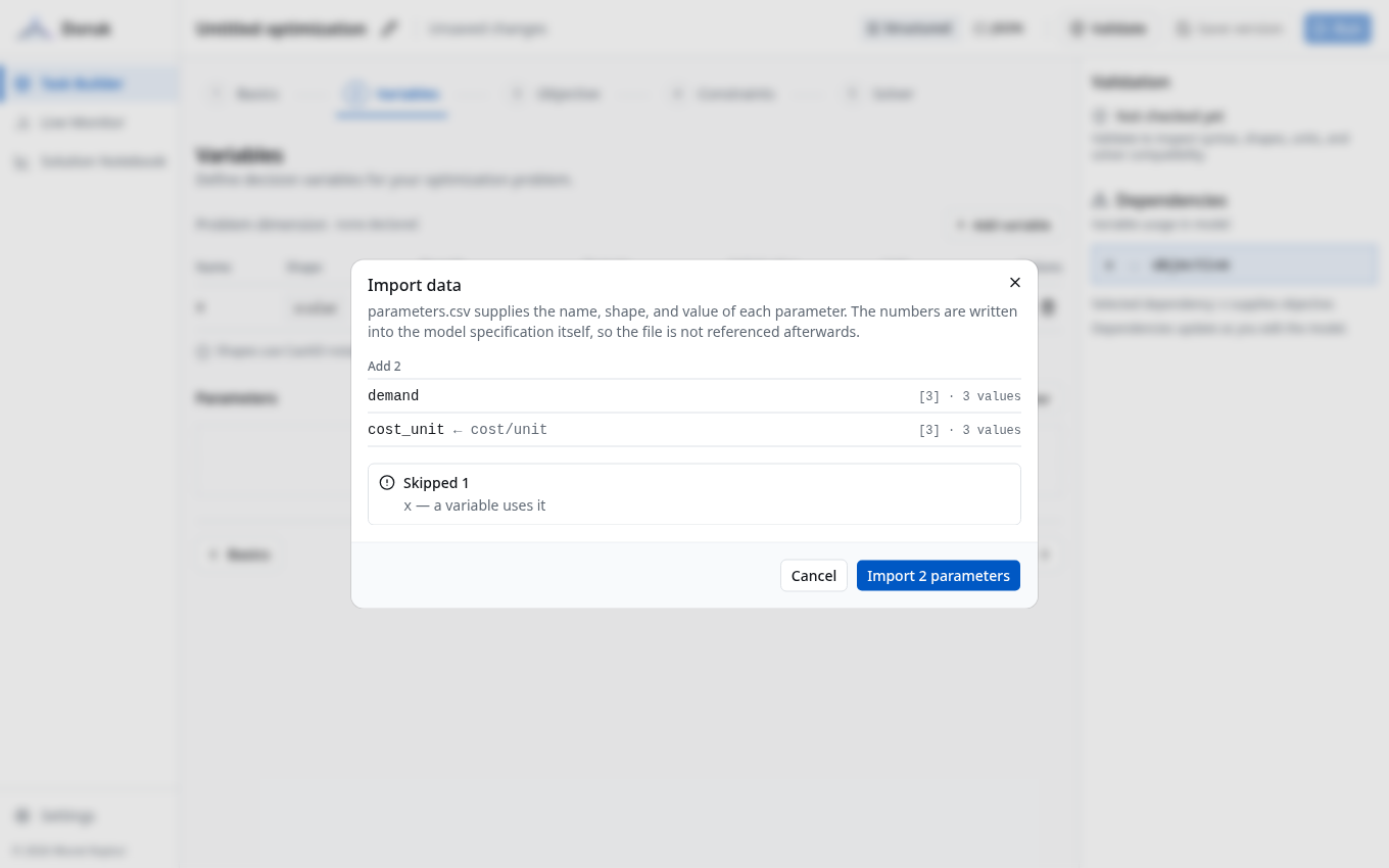 Import data dialog previewing parameters read from a CSV file.