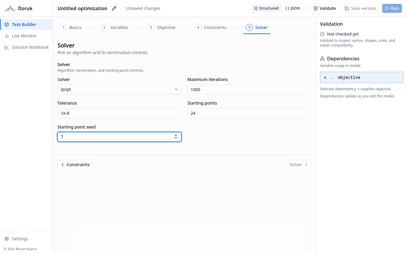 Solver step configured with a number of starting points and a seed.